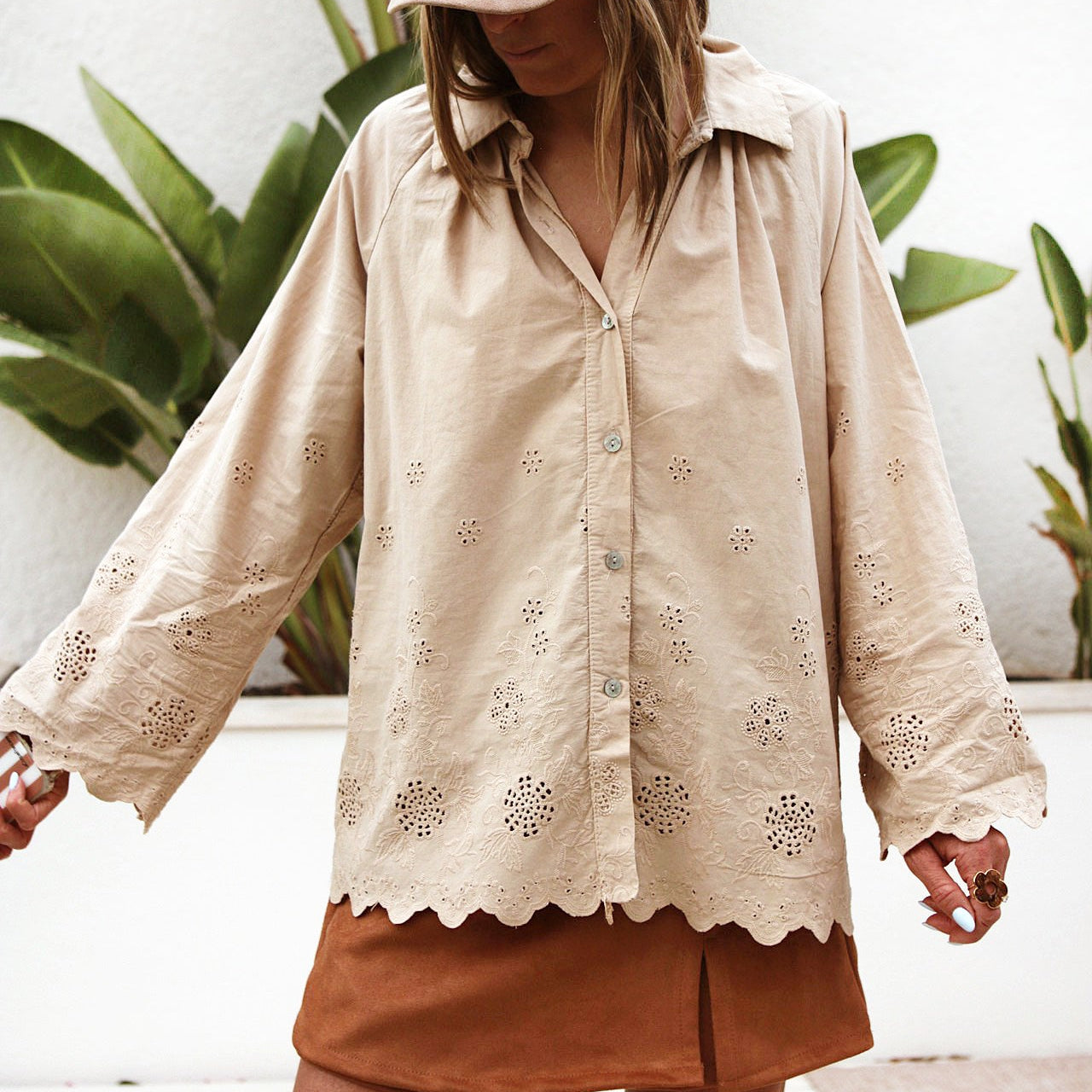✨ Chemise brodée “Romantica” - Camel