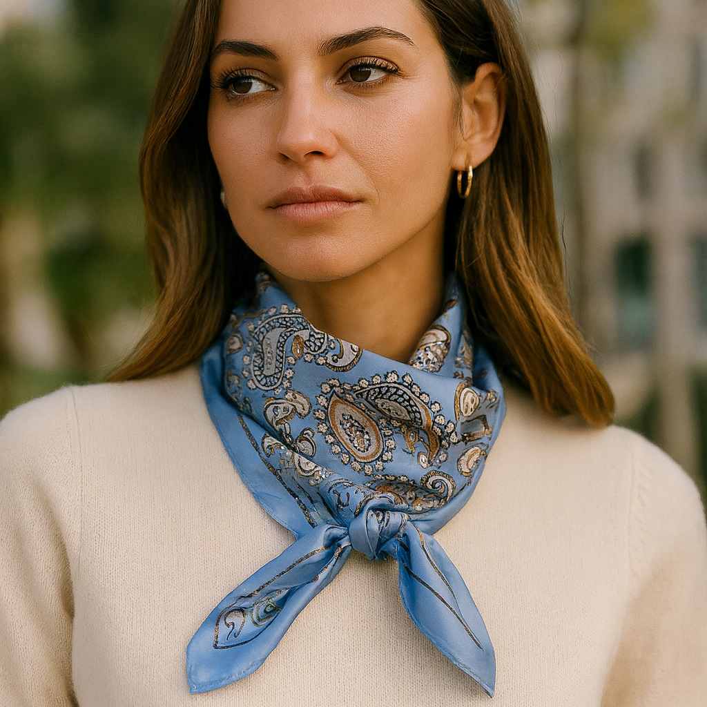 🧣 Carré 70x70 cm – Motif Cachemire Bleu & Beige 🌸