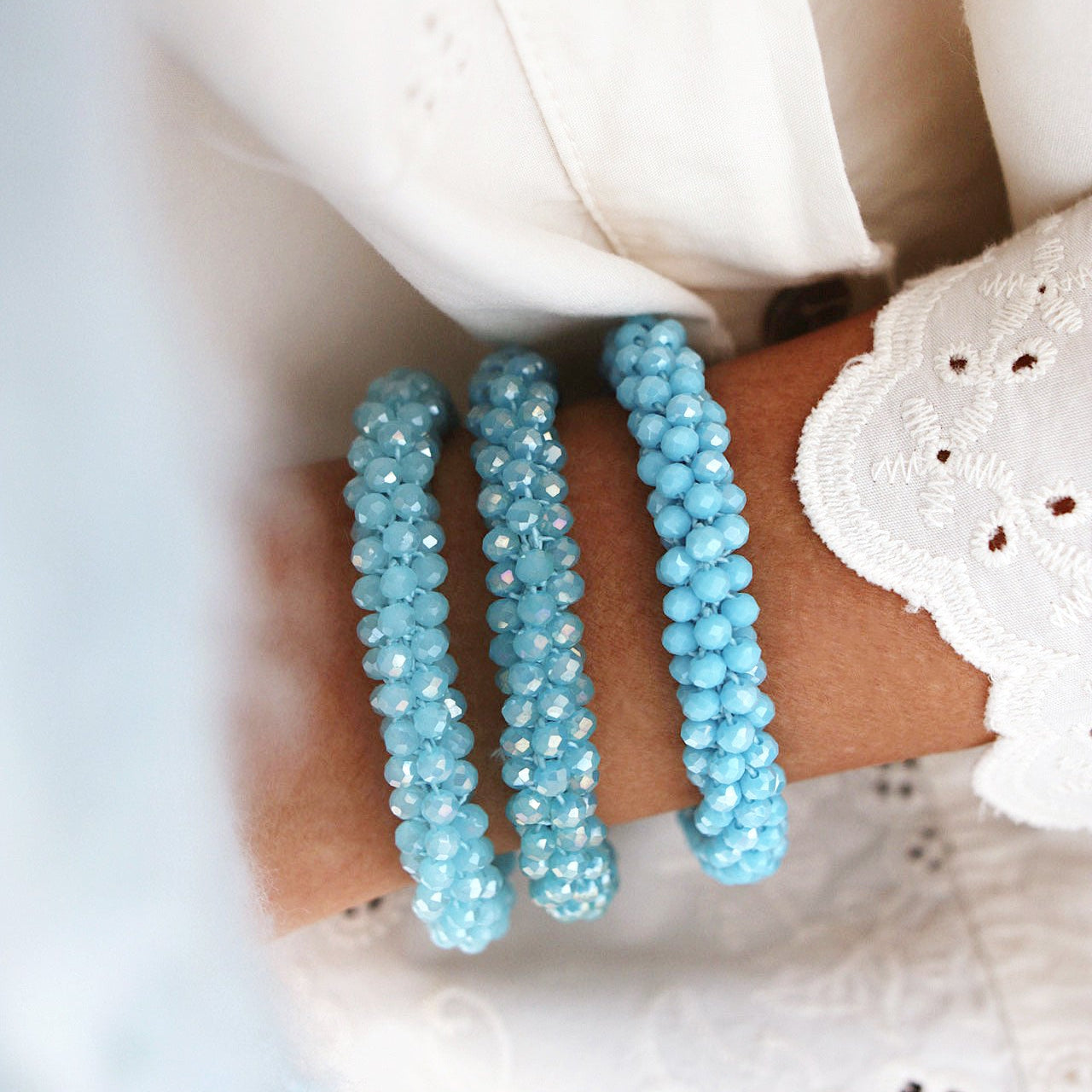 Bracelet lot de 3 Élastique – Perles Facettées Bleu Ciel ✨💙